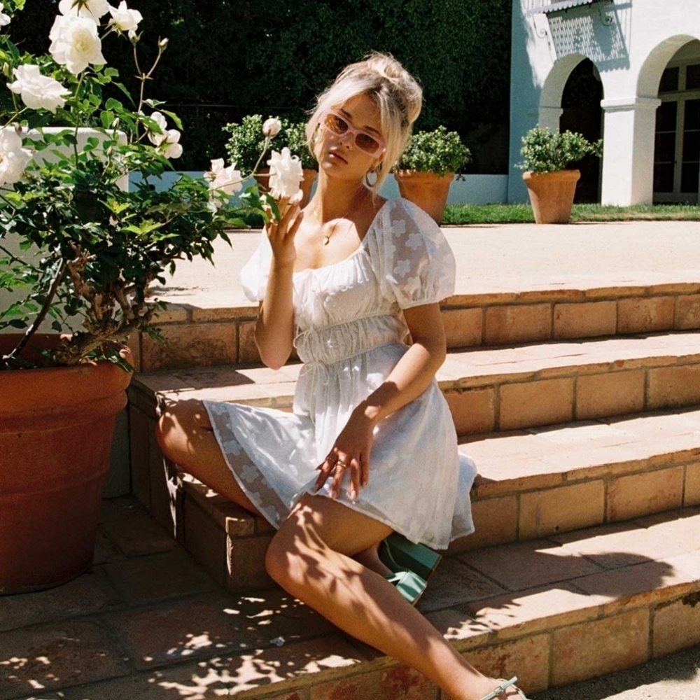 Princess Polly Kenny white floral jacquard mini short puff sleeve dress - Picture 4 of 15